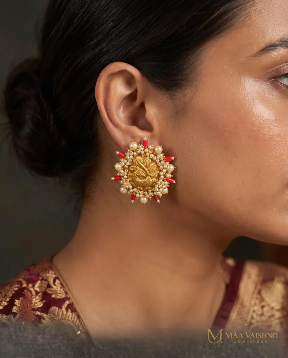 22kt Gold Peacock Earrings with Coral — product photograph