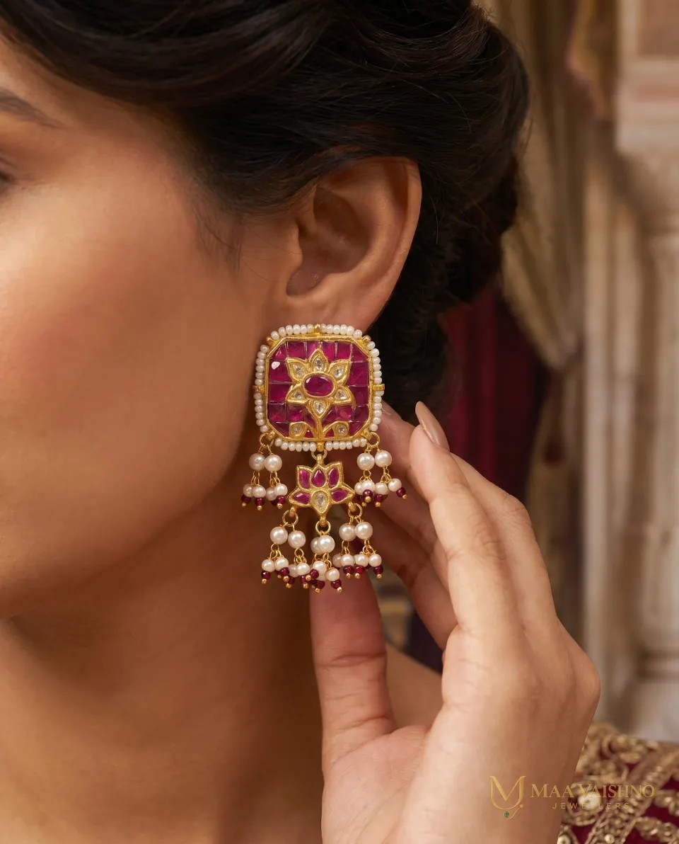 22kt Gold Polki Pink Square Lotus Earrings — product photograph