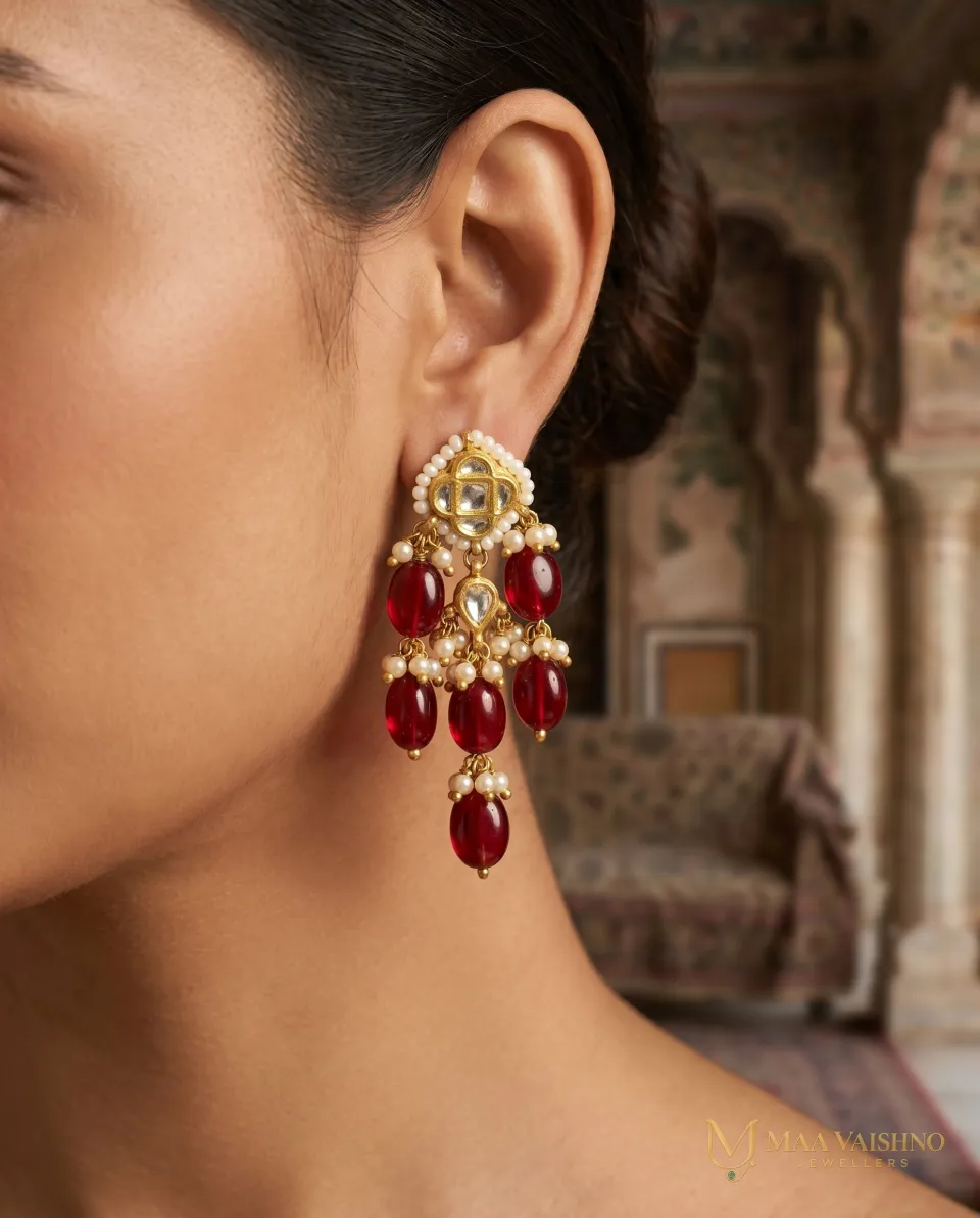 22kt Gold Polki Red Chowfully Studs — product photograph