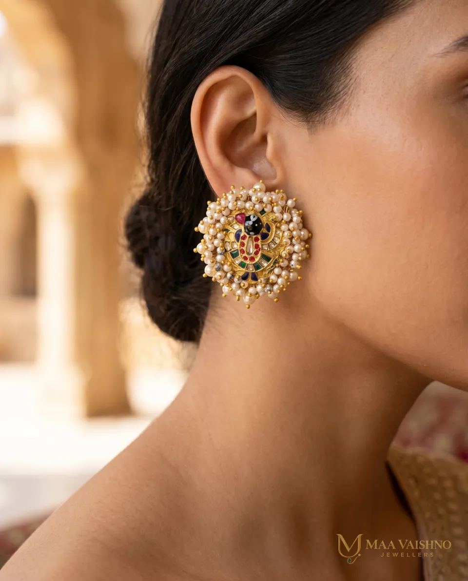 22kt Gold Polki Shreenathji Pearl Studs — product photograph