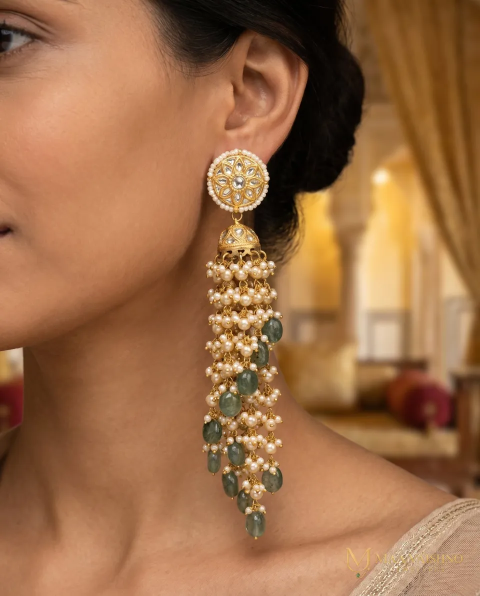 22kt Gold Polki Green Waterfall Long Jhumkis — product photograph