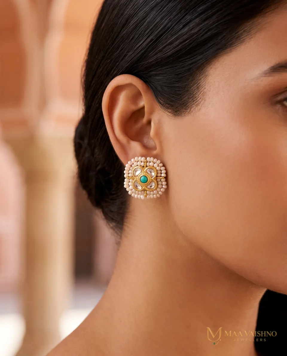 22kt Gold Polki Feroza Double Pearl Studs — product photograph