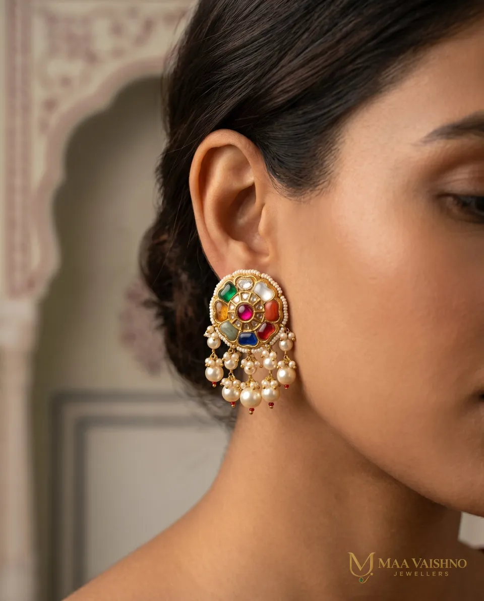 22kt Gold Polki Big Navratan Studs — product photograph