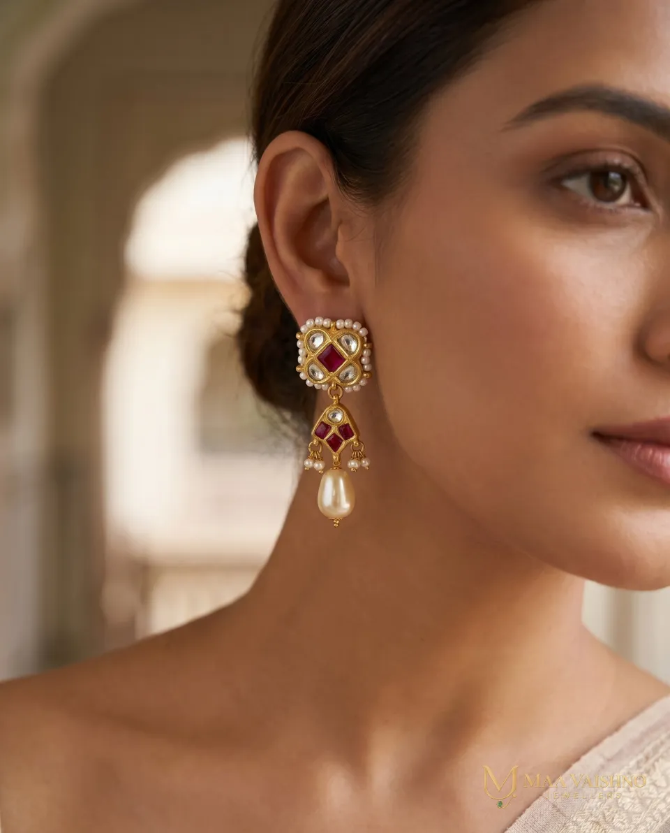 22kt Gold Polki Red Chowfully Trifully Drop Earrings — product photograph