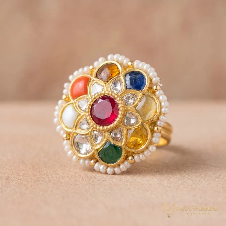 22kt Gold Polki Navratna Round Ring — product photograph