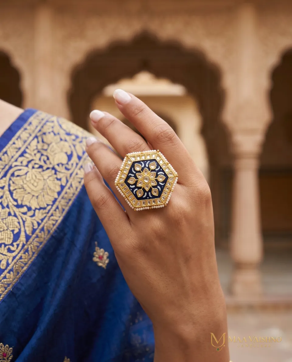 22kt Gold Polki Blue Hexagon Meenakari Ring — product photograph