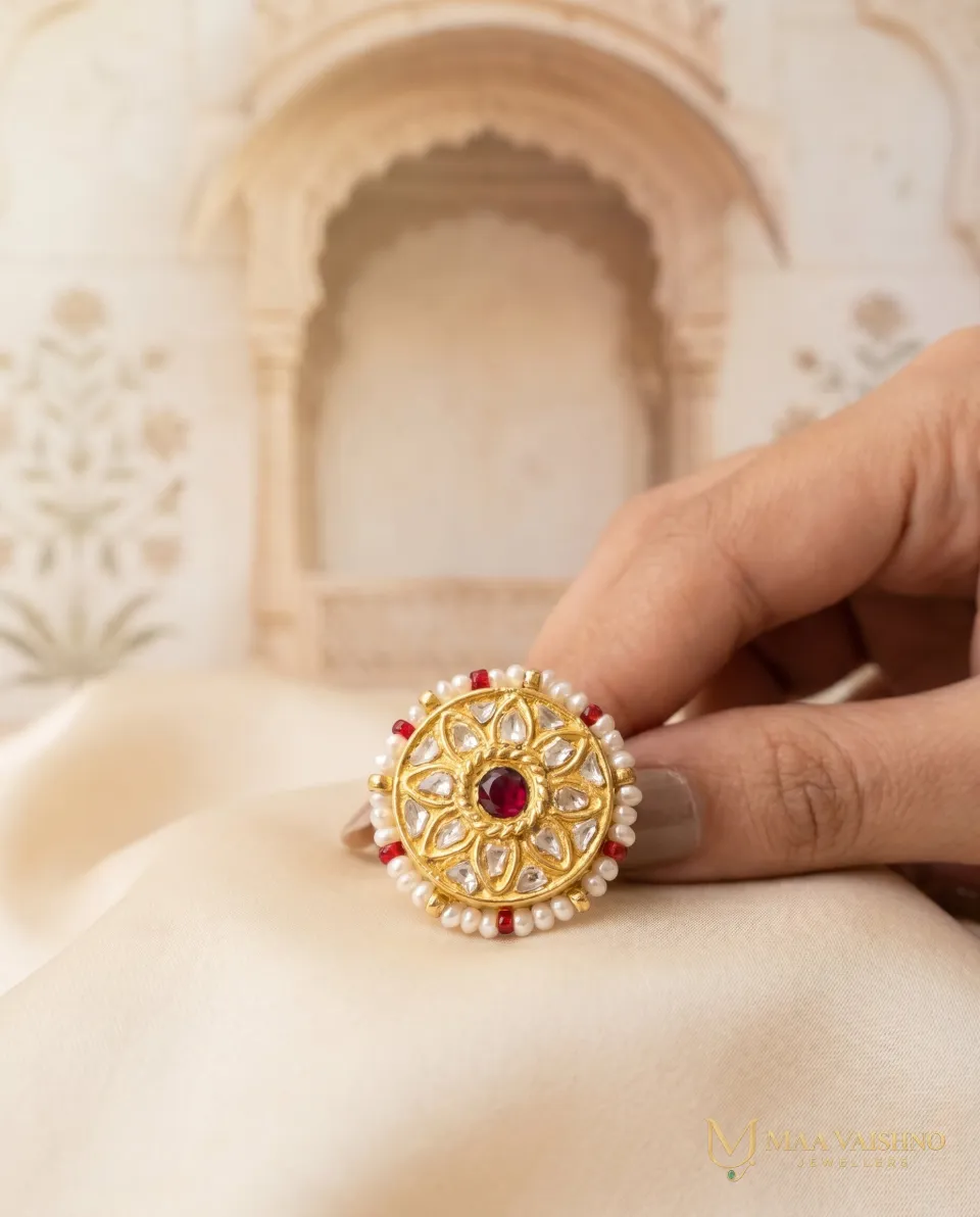 22kt Gold Polki Round Red Stone Ring — product photograph