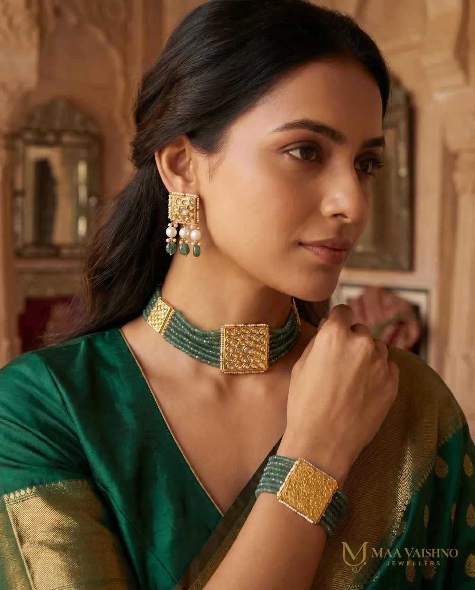 22kt Gold Polki Green Bracelet cum Choker Set — product photograph