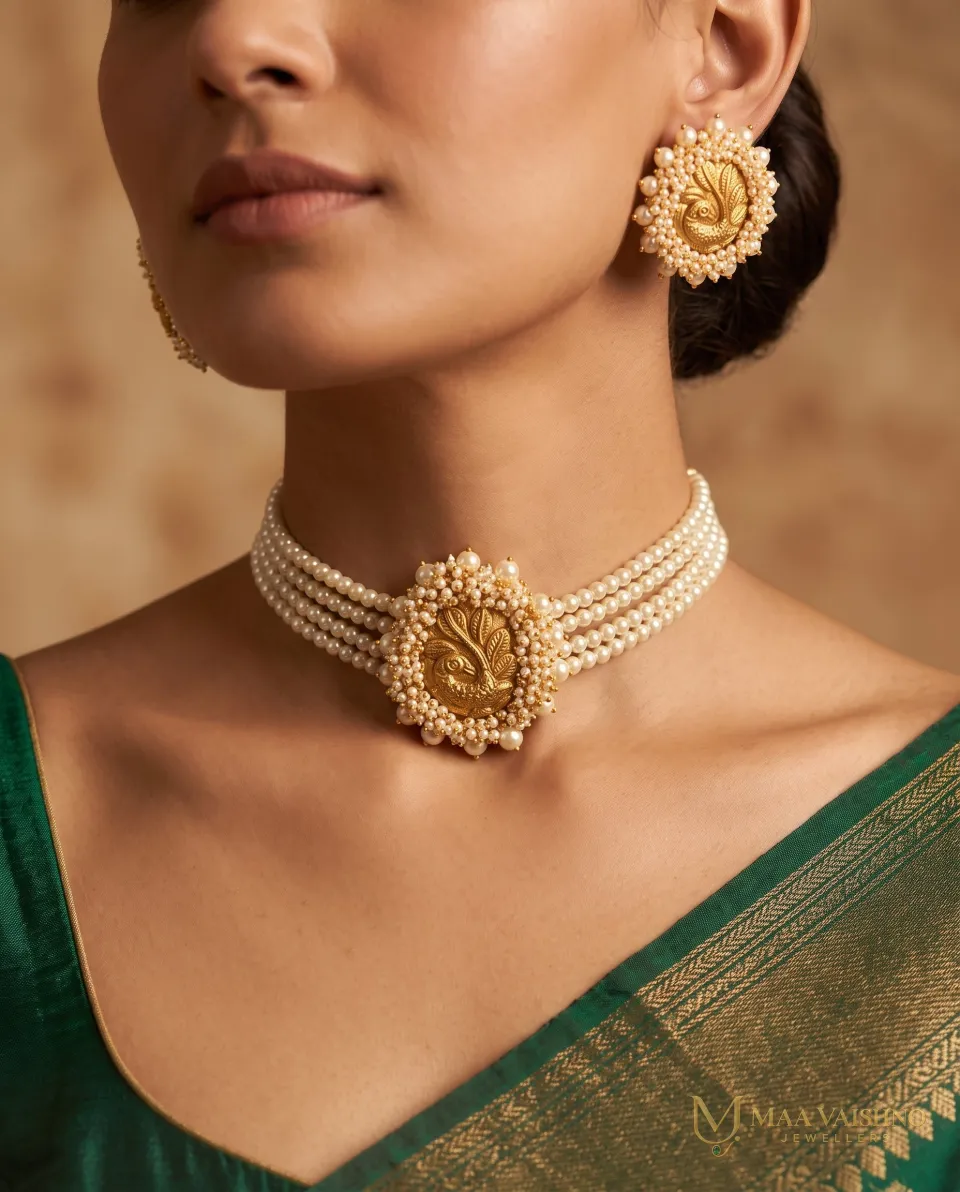 22kt Gold Peacock Pearl Choker Set with Earrings — product photograph