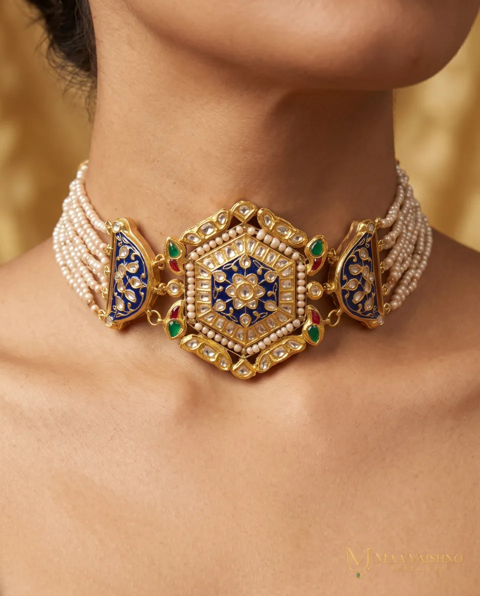 22kt Gold Polki Blue Meenakari Choker — product photograph