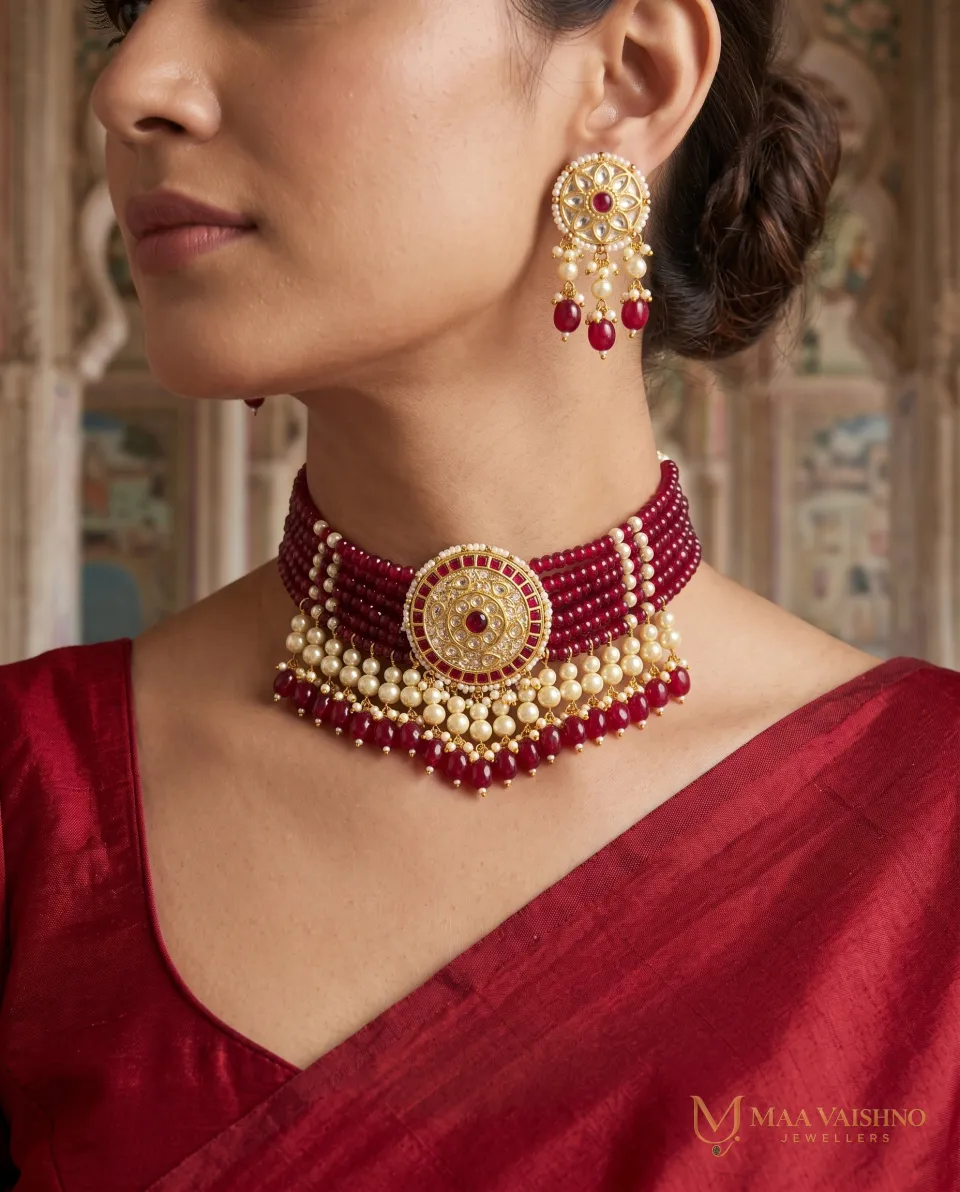 22kt Gold Polki Red Choker Set — product photograph