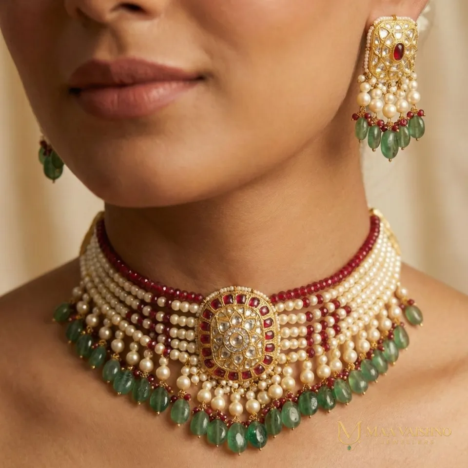 22kt Gold Polki Square Round Pearl Ruby Lightweight Choker Set — product photograph