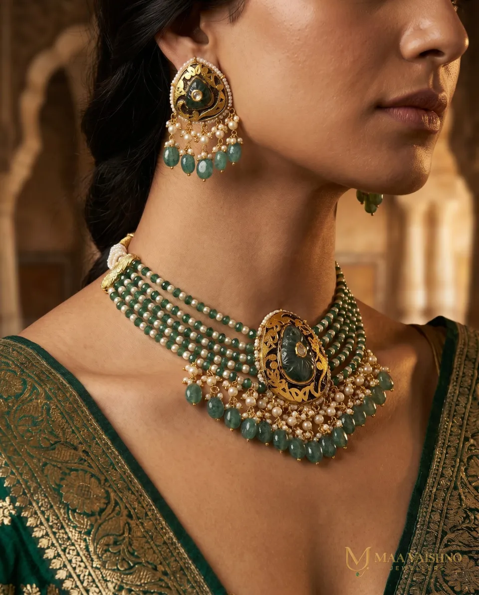 22kt Gold Polki Diamond Green Stone Choker Set — product photograph