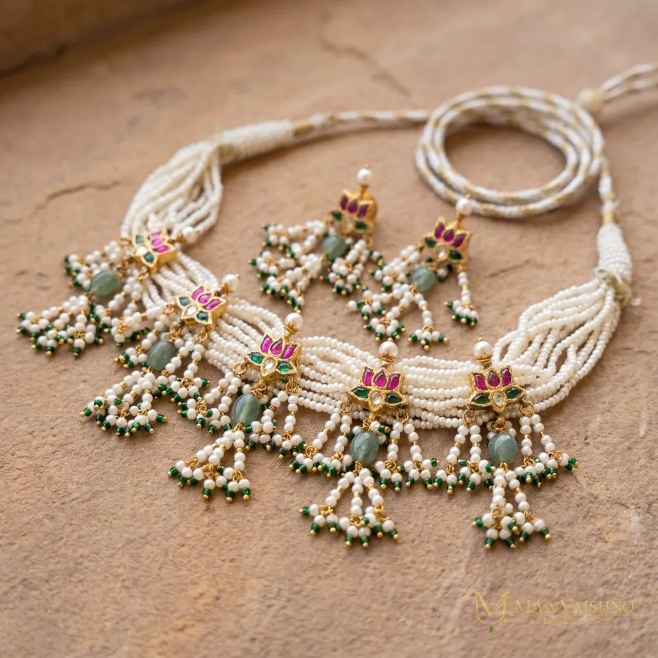 22kt Gold Polki Lotus Pink Pearl Choker Set — product photograph