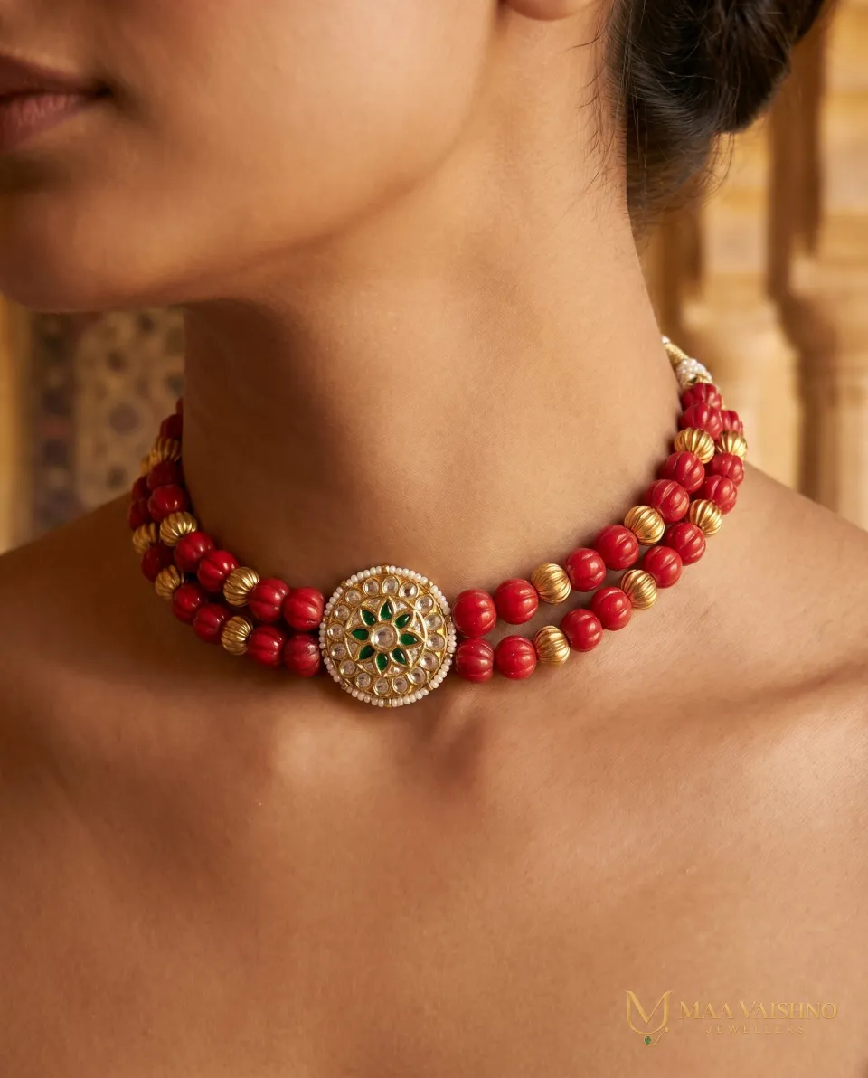 22kt Gold Polki Round Flower Coral Choker — product photograph